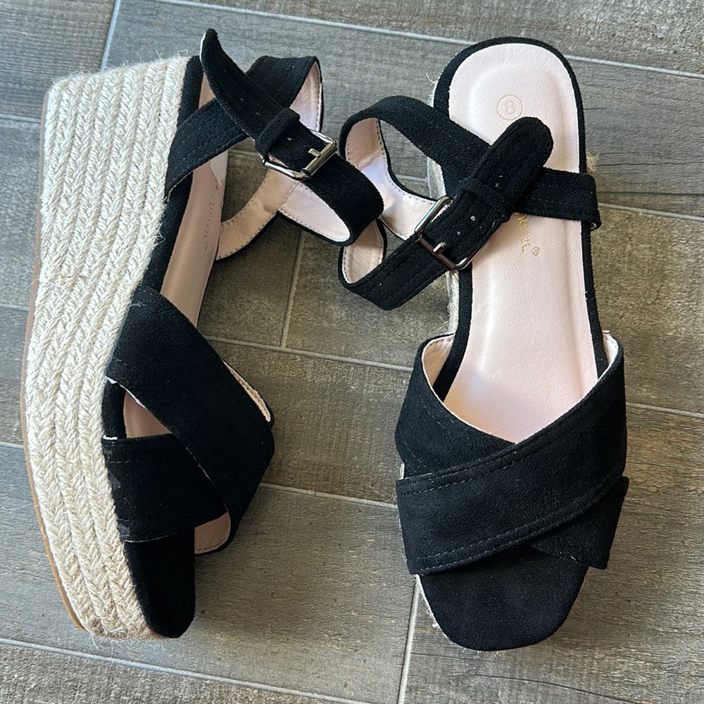 Nature Breeze Wedge Slingback Espadrilles Black Suede size 8